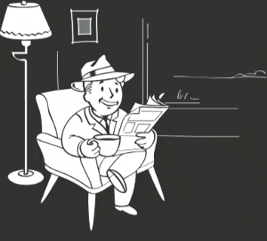A gif of the vault boy cartoon character from the fallout games sitting at home sipping coffee and reading the newspaper when an explosion in the distance happens making him spit out and spill his coffee. A mushroom cloud can be seen through his window